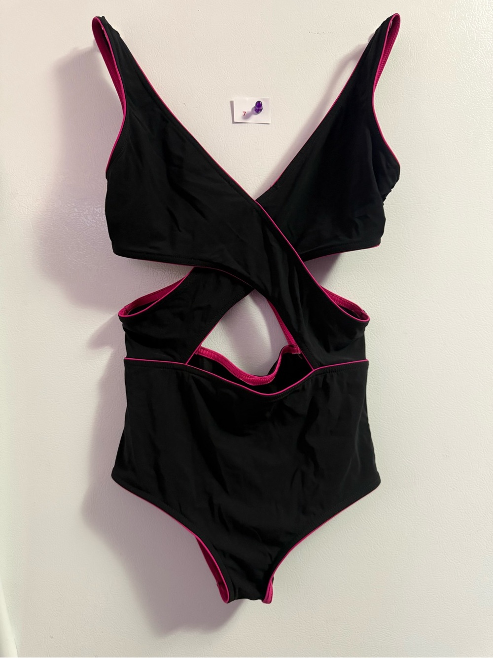 Black One-Piece Swim with Pink Trim - Cutout Cross-Front